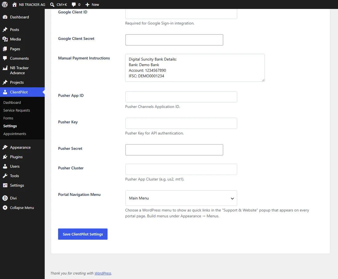 Setting up the Support and Website menu